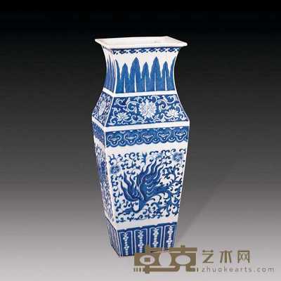 清 青花凤穿花扁方瓶 高65cm